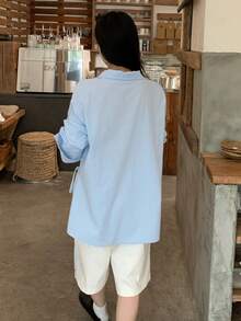 FRIFUL Camisa suelta de unicolor con cuello regular y cordón en la cintura para mujer - Azul - Ver 8