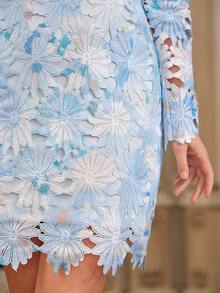 Amorya Women's Mandarin Collar Light Blue Floral Water-Soluble Embroidered Long Sleeve Elegant Mini Dress,Autumn Party Weddings & Events Short Floral Dress - Multicolor - View 8