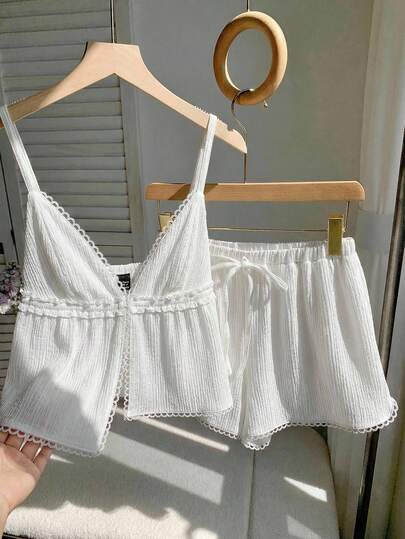 Comfortcana Casual Minimalist Vacation Bohemian Elegant Romantic Retro White Beach Outfit, Summer Vacation Outfit, Women 2-Piece Set Camisole Top And Ruffled Shorts