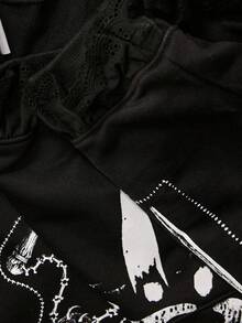 ROMWE SpringGothic Witch Weapon Print Patchwork Ruffle Trim Sweatshirt Sweatshirt For Women - Black - View 10