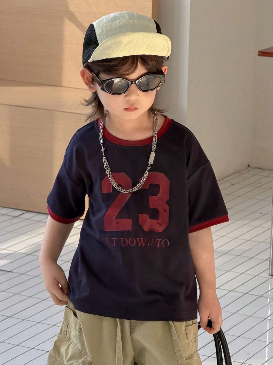 DAZY 男童夏季休闲撞色滚边数字印花圆领短袖T恤 - 藏蓝色 - 查看 1