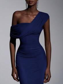 Elitara Đầm maxi dáng ôm màu xanh hải quân thanh lịch mới năm 2025, lệch vai, chất liệu lưới, có họa tiết xếp ly, phù hợp cho đám cưới, sự kiện trang trọng, đầm phù dâu. - Màu xanh hải quân - Xem 5