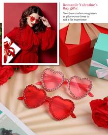 心形无框太阳镜 心形水钻眼镜 女士透明心形眼镜 - 紅色 - 查看 5