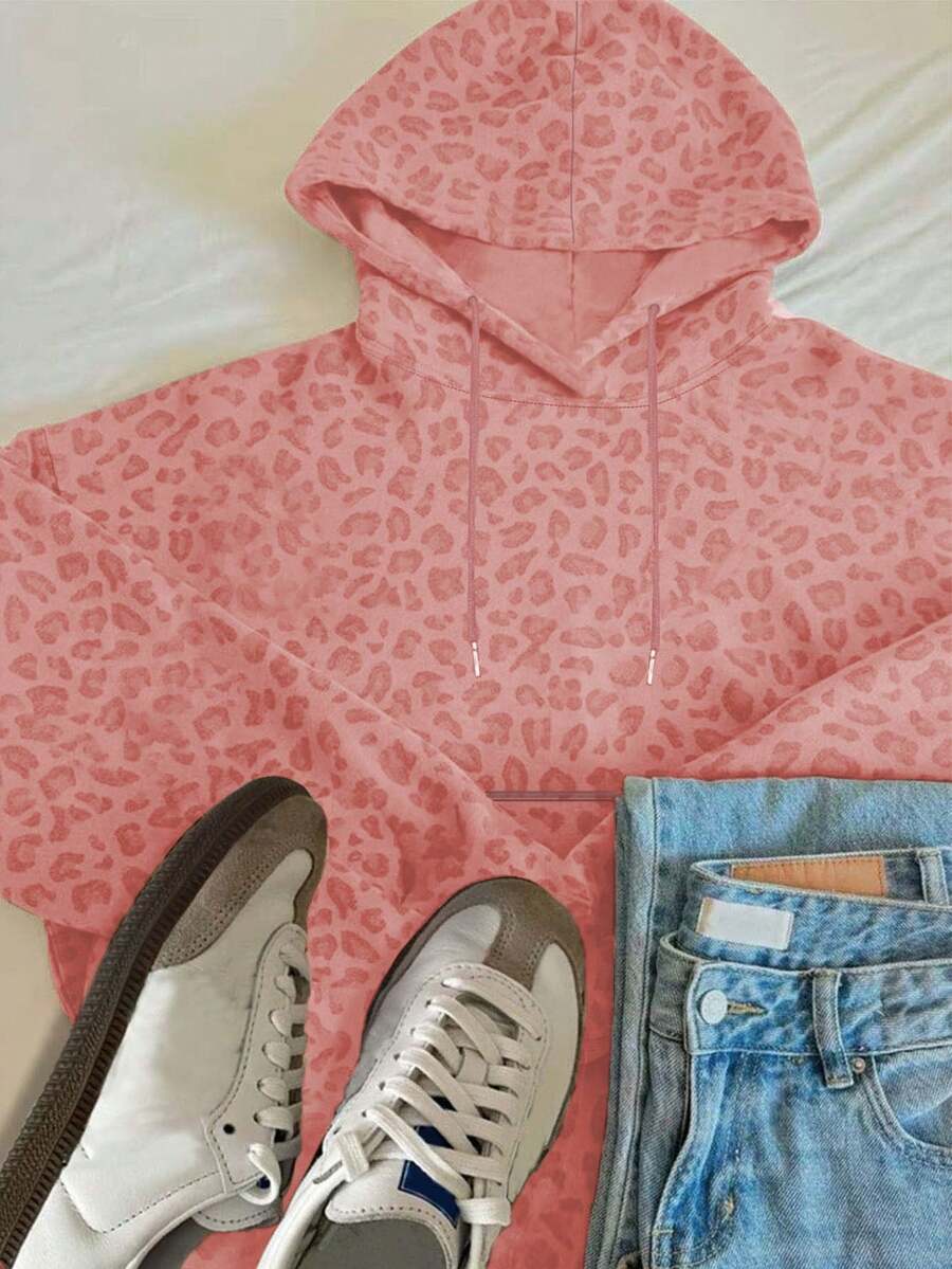 INAWLY Áo hoodie nữ thời trang đường phố giản dị, sang trọng, họa tiết da báo hở vai, màu hồng, dây rút, tốt nghiệp, trở lại trường, tốt nghiệp, giáo viên, áo chui đầu trở lại trường, mùa thu - Hồng - Xem 1
