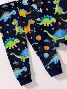 1Set Baby Boy Glow-In-The-Dark Dinosaur Print Snug Fit Short Sleeve Pajama Set, Spring/Summer - Blue - View 6