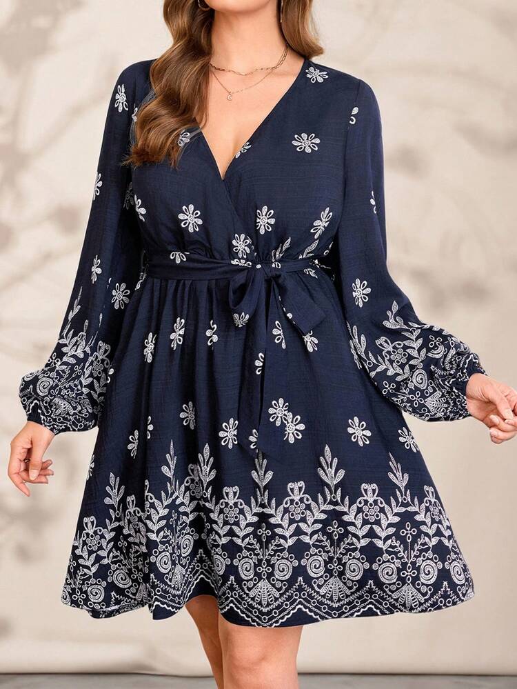 Plus Size Women's Navy Blue Floral Print Elegant Tea Party Dress,V-Neck Long Sleeve Belted Boho Casual Vacation Short Dresses For Autumn,Spring 2026