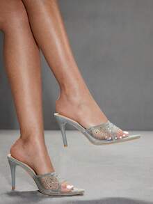 CUCCOO SZL Giày nữ mùa hè mới, màu xám lưới đính đá, sandal cao gót thời trang, quyến rũ, gợi cảm, thích hợp cho tiệc tùng, dạ hội, dép lê. - Xám - Xem 3