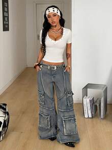 Coolane Áo thun nữ mùa hè phong cách đường phố, họa tiết ngôi sao, đinh tán, cổ chữ V, kiểu corset. - trắng - Xem 2