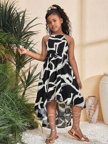 SHEIN Đầm không tay cổ yếm họa tiết hoa tối giản thanh lịch dành cho bé gái tuổi teen - màu đen - Xem 3