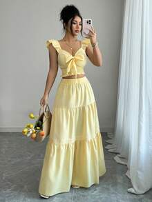Elenzga New Women's Square Neck Ruffle Sleeve Front Tie Bow Waist Design A-Line Skirt, Vacation Casual Fashion Young Daily Versatile Flattering Elegant 2-Piece Set - Yellow - View 7