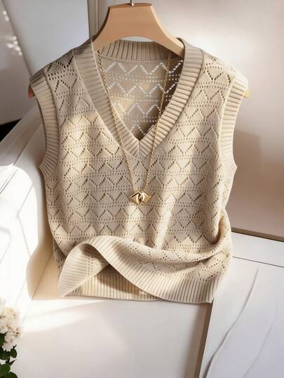 Franclia Casual And Elegant V-Neck Loose Fit Hollow Knit Sleeveless Khaki Summer Top For Women, Suitable For Summer And Spring, Beachwear, Outings, Summer Holiday Wear, Casual Tops, And Knitted Tops.