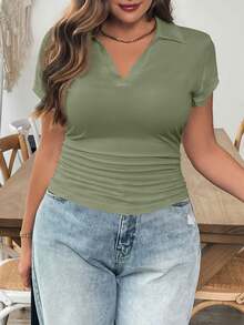 SHEIN Essnce 大码女式休闲POLO领舒适V领黑色短袖T恤，秋季女装，基础款T恤，曲线上衣，返校季，黑色上衣 - 薄荷綠 - 查看 6