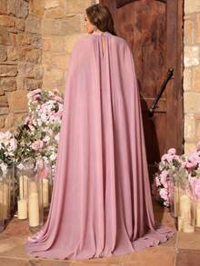 Aureia Áo choàng dáng chữ A bằng chiffon màu hồng sen thanh lịch, sang trọng, cỡ lớn, cổ áo buộc eo, thích hợp cho tiệc tối, hẹn hò, dạ hội, kỳ nghỉ, đám cưới, sự kiện trang trọng. - Bụi hồng - Xem 9