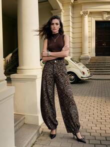 Anewsta 现代设计数码印花休闲弯腰咖啡色牛仔裤，高腰宽松显瘦直筒裤，女士春秋新款 - 咖啡棕 - 查看 4