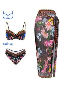 Swim Oasis Women's Sexy Push-Up Printed Bikini Set + Matching Mesh Skirt, Spring/Summer - Multicolor - View 3