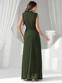 Coutiva Đầm dạ hội sang trọng đính sequin và ngọc trai, kiểu dáng cao cấp, mang đến vẻ thanh lịch. - xanh quân đội - Xem 2
