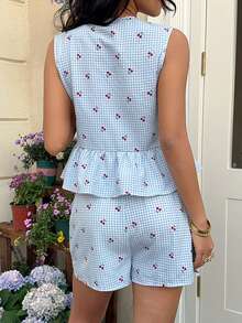 MainGRL Áo kiểu không tay dệt kim phối màu tương phản sọc xanh và họa tiết quả anh đào, thắt nơ phía trước, thích hợp cho nữ mùa hè, đi biển, đi nghỉ mát. - Màu xanh lam - Xem 2