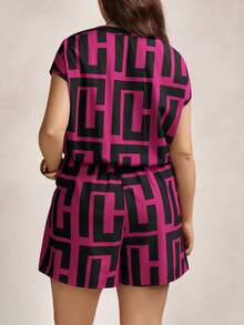 Zelara Women's Plus-Size Summer Black Asymmetrical Geometric Print Two Piece Set,Smart Casual Vacation Lounge Outfits,Nautical Navycore Jumpsuit Coord Set - Hot Pink - View 2