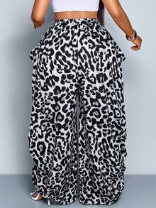 SOLERSUN 大码豹纹褶裥抽绳腰休闲宽松阔腿裤，女士直筒休闲裤，宽松豹纹裤，豹纹裤，文艺复兴集市，酒红色，秋季服装，棕色裤子 - 黑與白 - 查看 3