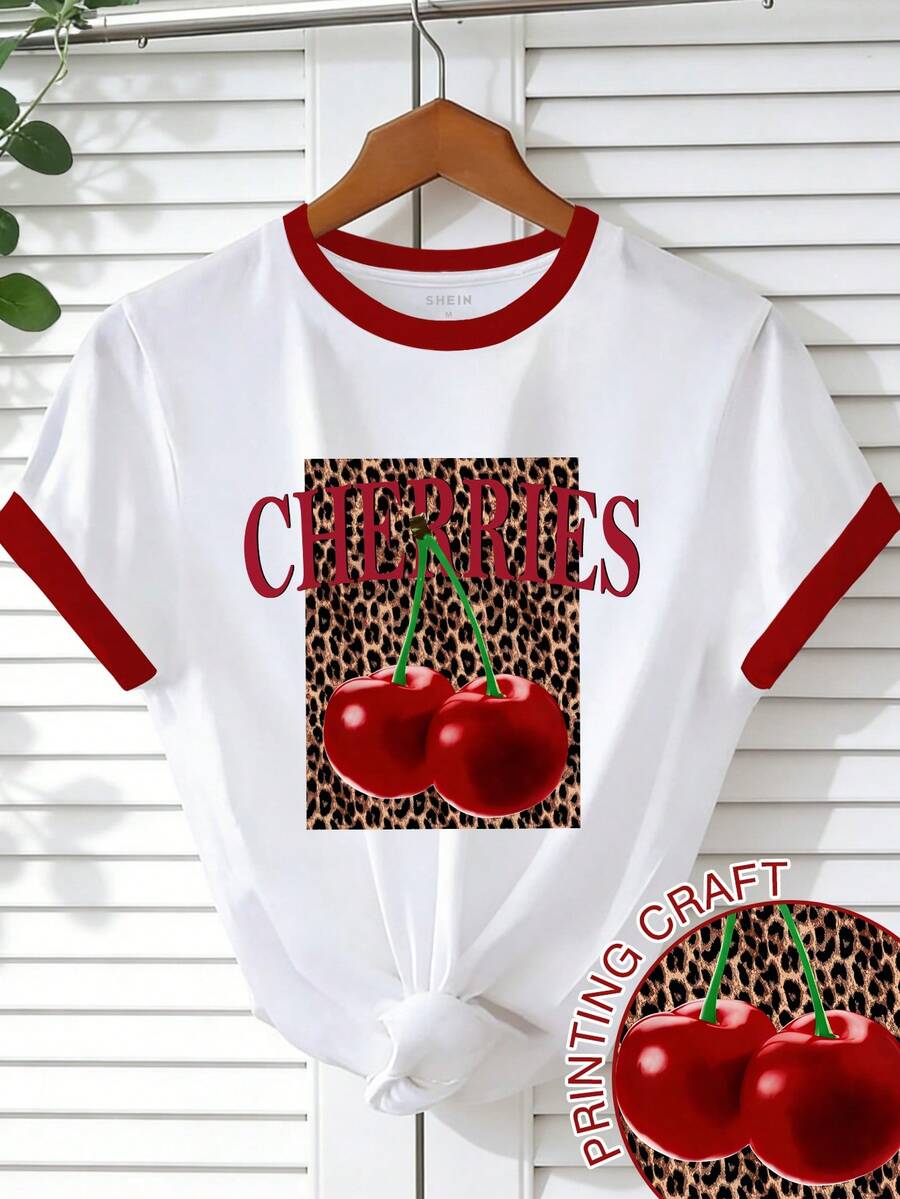 Resyla Áo thun nữ cổ tròn phối màu in hình quả anh đào, kiểu dáng thường ngày. - trắng - Xem 1