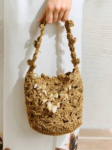 SHECARRY Women's Vacation Casual Shell Chain Decor Woven Handbag - Camel - View 6