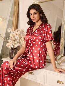 LuxeNights Contrast Trim Faux Silk Polka Dot Lapel Collar Women Pajama Set Red Polka Dot Pajama Set Button Up Pajamas Set - Red - View 4
