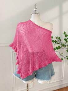 SHEIN EZwear 大码女式夏季外出及海滩度假荷叶边半透明钩针毛衣 - 玫紅色 - 查看 2