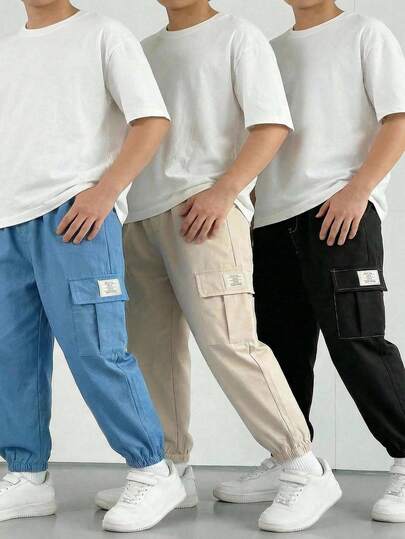 3件套男童休闲运动街头风可爱度假黑色装饰条纹宽松束脚裤、蓝色束脚裤、卡其色束脚裤，适合日常穿着、上学、旅行、运动，春夏秋冬皆宜。