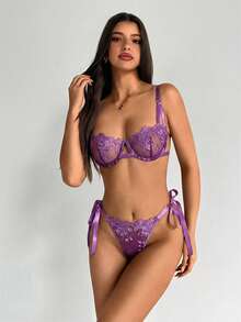 Aloruh Ramadan, Noble, Dignified. 2-Piece Set. Purple Embroidered Lace With Ties. Sexy, Gathered, French-Style Lingerie Set. - Violet Purple - View 6