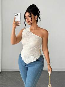 Elenzga Blusa de mujer talla grande de verano, nueva, de punto blanco con textura, fruncida y asimétrica de un solo hombro, de moda y sexy. Adecuada para: uso diario, vacaciones, fiestas, reuniones - Blanco - Ver 6