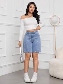 SHEIN Tall 夏季高个女士派对、休闲、假日、度假闪亮水钻设计水钻装饰口袋修身时尚牛仔短裤 - 中等水洗藍 - 查看 3