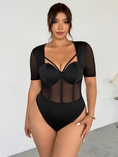 Firerie Mono elegante de manga corta con diseño de parches de malla negra, parches con copa sexy, diseño calado y espina de pescado para talla grande