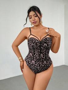 Firerie Plus Size Adjustable Fishbone Cup Leopard Print Bodysuit, Elegant - Multicolor - View 6