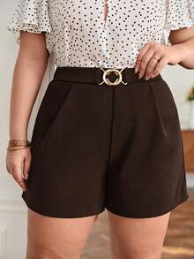 SHEIN Frenchy Plus Size Casual Solid Color Shorts, Summer - Brown - View 5