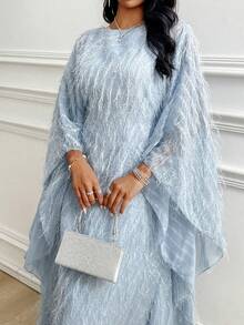 SHEIN Lady CURVE 大码女式纯色圆领蝙蝠袖宽松时尚连衣裙 - 藍色 - 查看 3