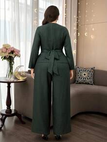 Modelyn Bộ 2 món thanh lịch dành cho nữ cỡ lớn, áo sơ mi dài tay nhún bèo kim loại và quần ống rộng - xanh quân đội - Xem 2