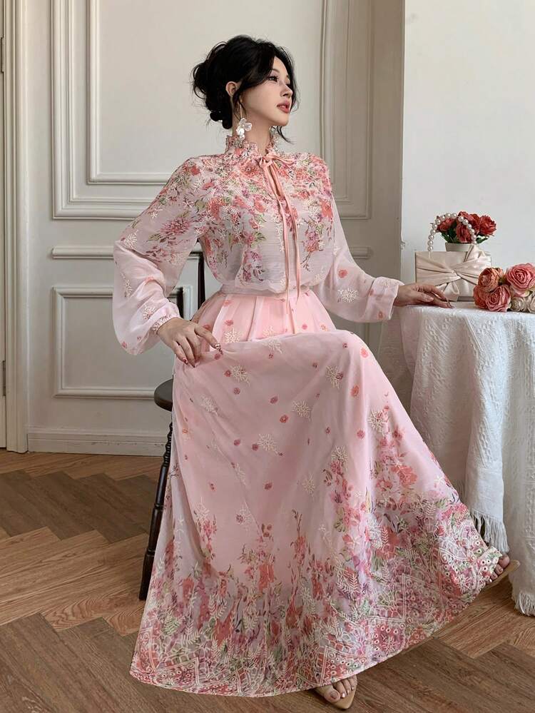 Spring & Summer Ditsy Floral Tie Neck Blouse And A-Line Skirt Set, Elegant For Valentine's Day, Wedding, Party, Formal Occasion, Fashion, Slim Fit