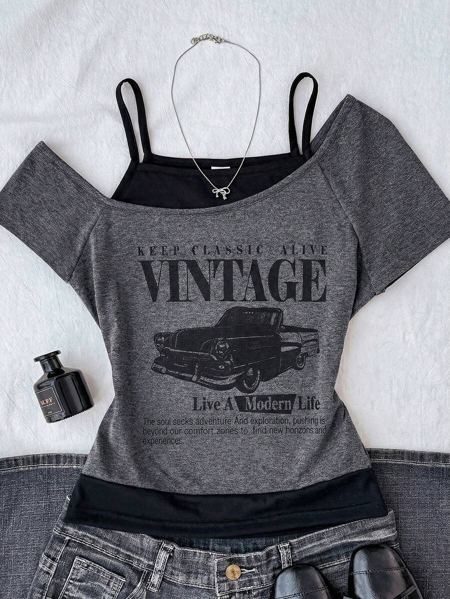 Teen Girls Casual Y2K Style Black & Gray Car Graphic Ruched Tie Front Cropped Top - Grey - View 1