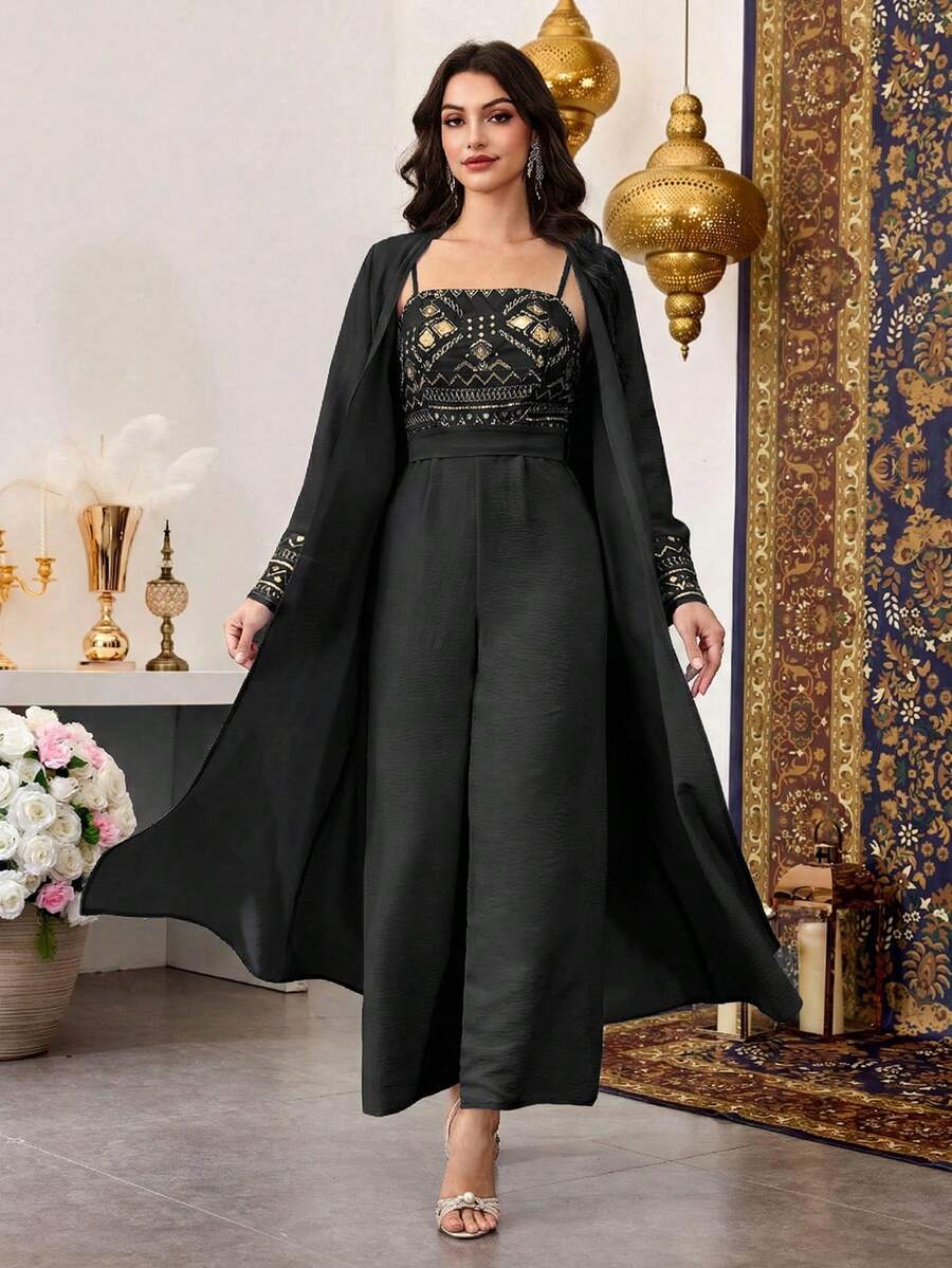 Al Najma Middle Eastern Arabic Style Light Blue Sequin Patchwork Jumpsuit Set With Jacket, Traditional Long Robe - Black - View 1