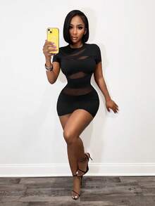BamGleam Women's Sexy Mesh Patchwork Mini Dress, Spring/Summer - Black - View 1
