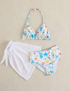 SHEIN 少女比基尼套装，海星贝壳印花三件套泳衣，带裙子，时尚优雅，适合游泳、度假、夏季穿着（印花随机） - 白色 - 查看 6