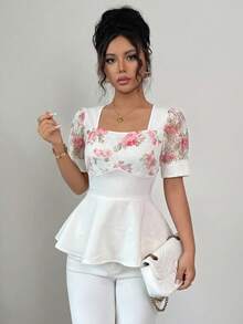 Elenzga 女士优雅夏季新款蕾丝拼接荷叶边下摆腰带灯笼袖衬衫 - 米色 - 查看 5