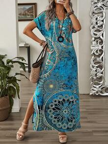 Faunlyn 女士復古花卉印花V領蝙蝠袖休閒夏季長裙，長款女裝 - 彩色 - 查看 1