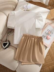 Elladie kids 2pcs/Set Girls Autumn New 2025 Round Neck Ribbed Puff Sleeve T-Shirt With Red Heart Print & Matching Bowknot Hem Skirt, Versatile Outfit For Dates, Parties, Commute - Khaki - View 2