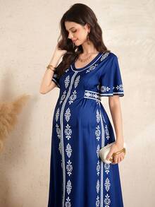 SHEIN Elegant Vintage Print Maternity Dress, Summer - Navy Blue - View 7