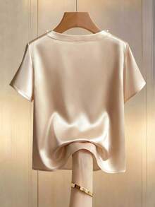 SHEIN Tall Satin Short Sleeve V-Neck Elegant Commuting Fashion Women Shirt With Pearl Decor, Spring/Summer - Multicolor - View 2