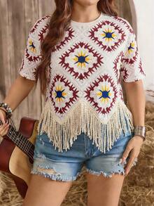 SHEIN LUNE Große Größen Rundhals Kurzarm Vintage Farbblock T-Shirt mit Quasten, Sommer - Gelb - Übersicht 1