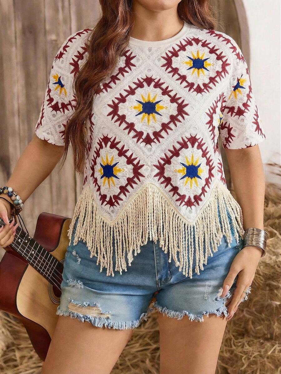 SHEIN LUNE Große Größen Rundhals Kurzarm Vintage Farbblock T-Shirt mit Quasten, Sommer - Gelb - Übersicht 1