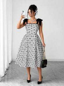 Rometta Plus Size Women's Elegant Chiffon Floral Print Square Neck Sleeveless A-Line Dress,White,Summer,Bachelorette Party,Tea Party,Wedding,Graduation,Dances - Black and White - View 11