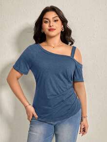 Comfylo Plus Size Solid Color Asymmetric Shoulder Pleated Casual Versatile Summer T-Shirt - Cadet Blue - View 8
